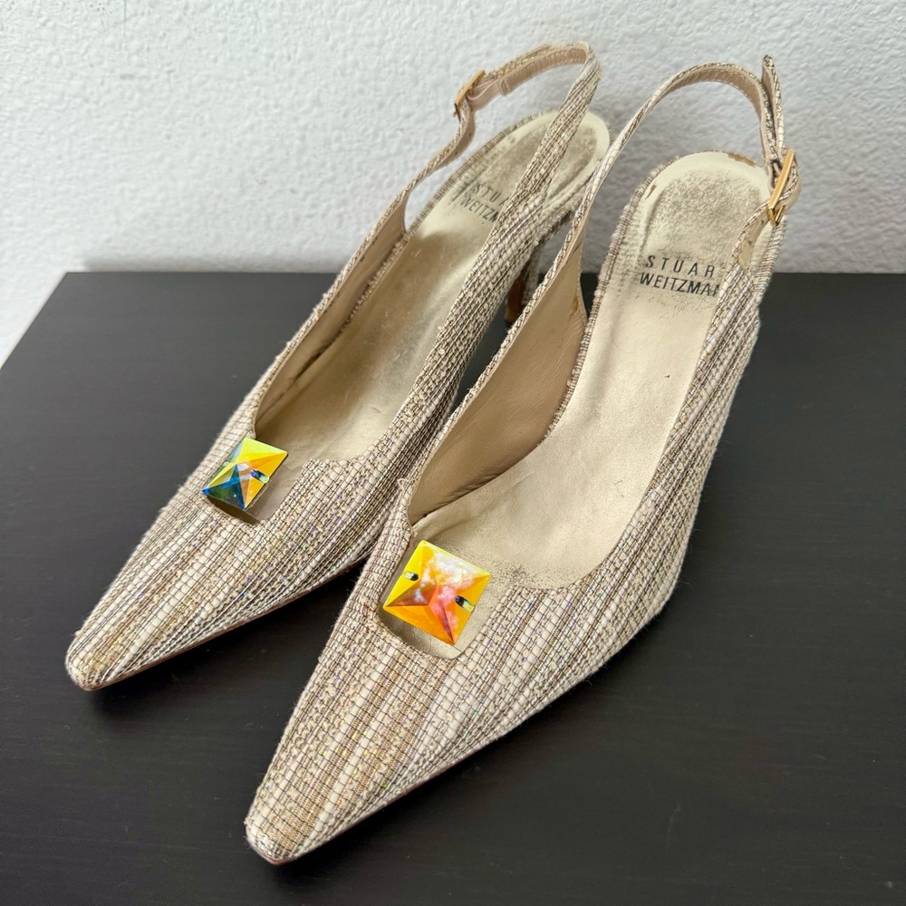 Stuart Weitzman Pointed Toe Kitten Heel Vintage Slingback Pumps Glitter